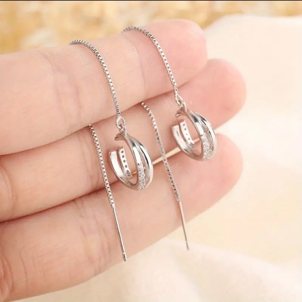 1 Pair SILVER THREADER EARRINGS WITH ATTACHED CZ PAVE CUFFS 925 - Picture 9 of 9